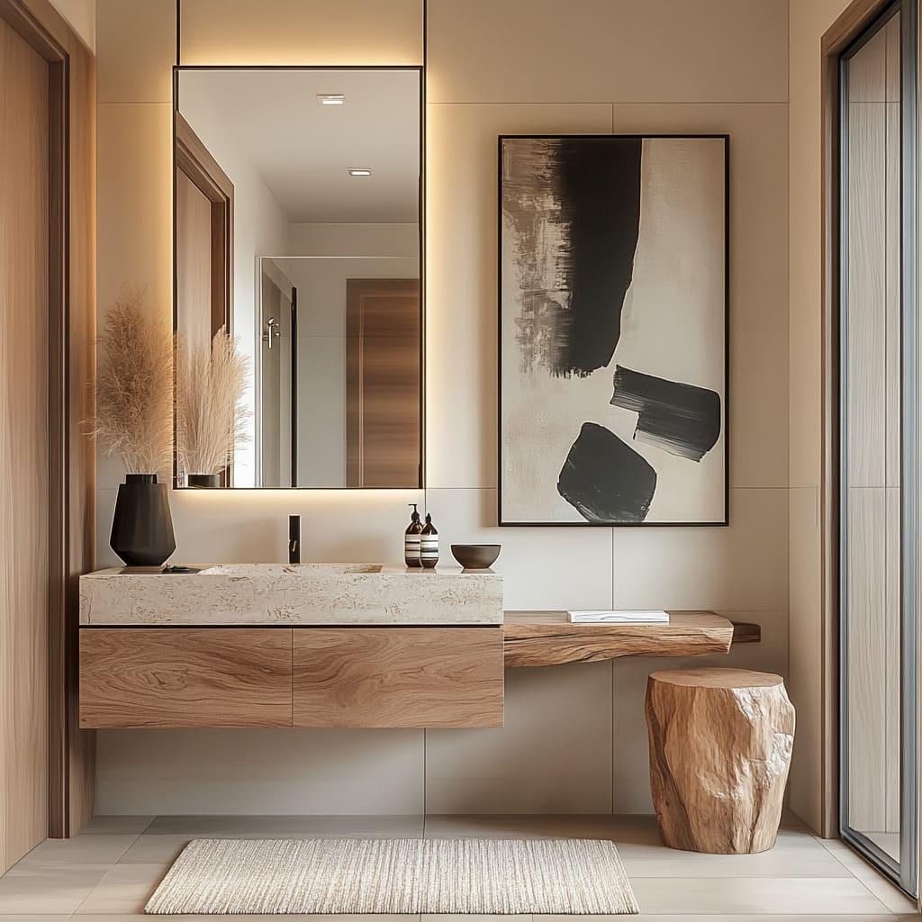 Blend modern fixtures with wooden bathroom elements for a contemporary aesthetic