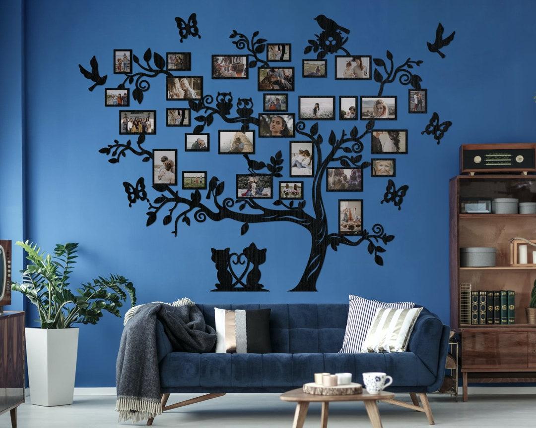 Personalize with family photos in blue frames throughout the living room