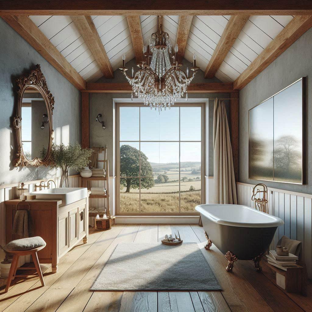 Combine modern elements with vintage pieces for a unique farmhouse bathroom aesthetic