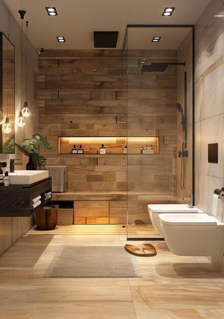 Embrace nature with a sleek wooden bathroom featuring warm tones and modern design