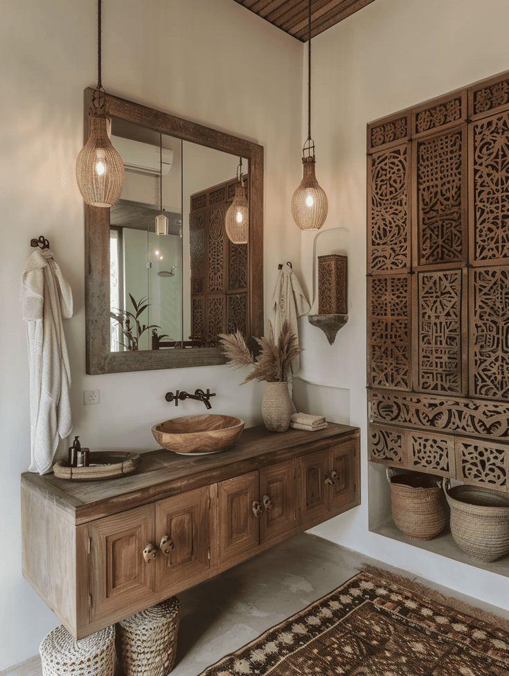 Embrace natural materials for a warm boho ​bathroom vibe