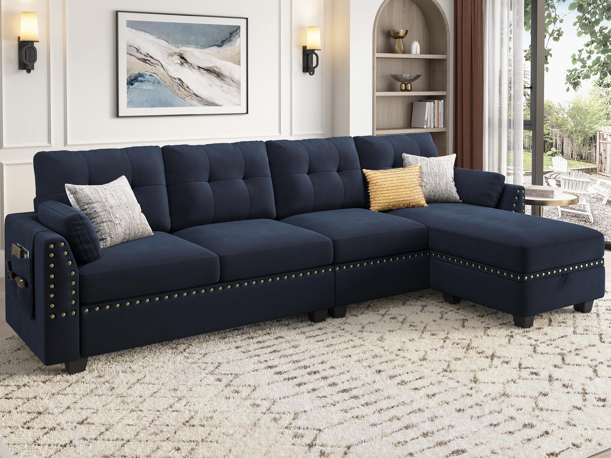 Center the space with a stylish blue sectional sofa