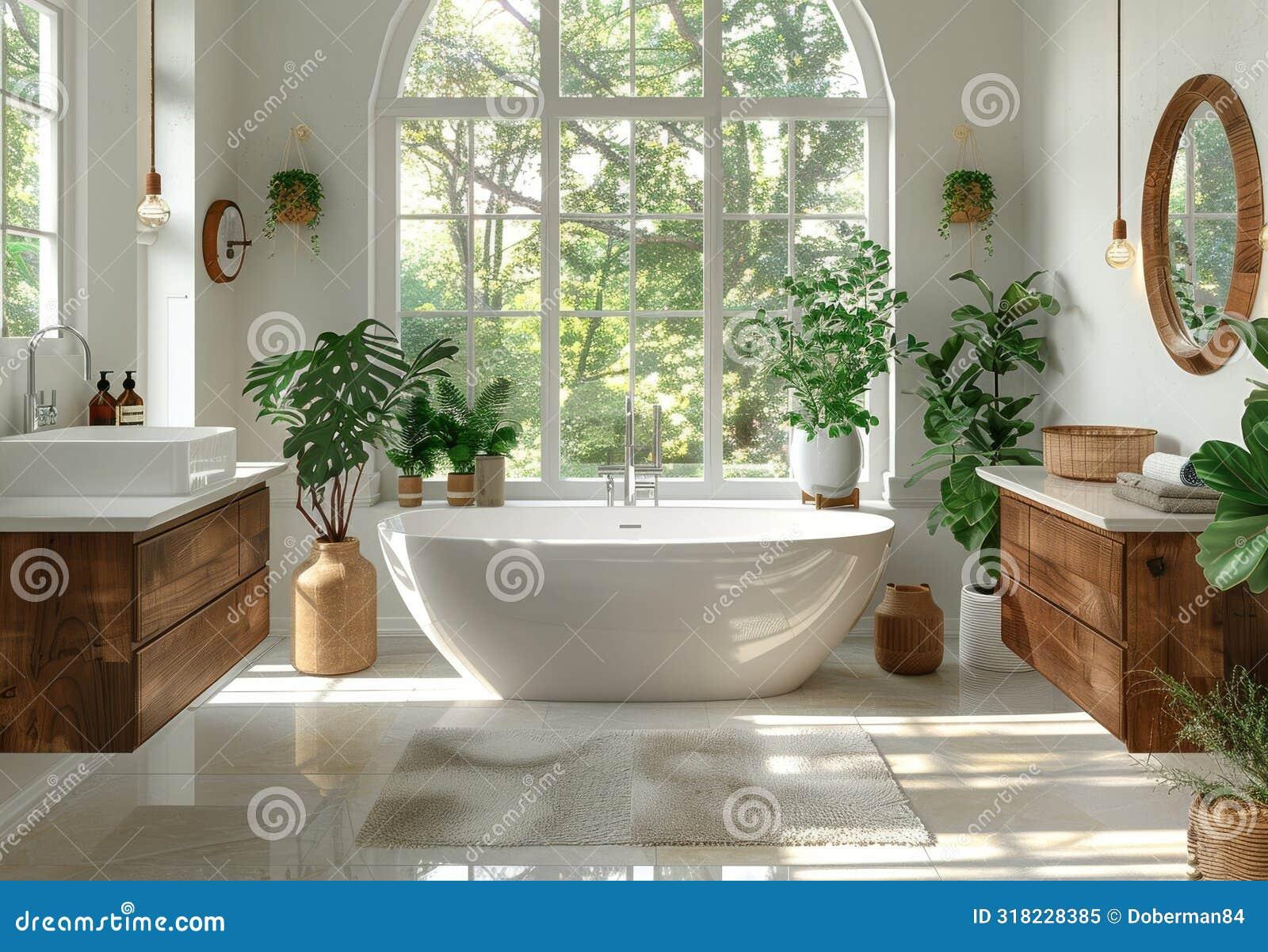 Enhance natural light by pairing a wooden bathroom with large, bright windows