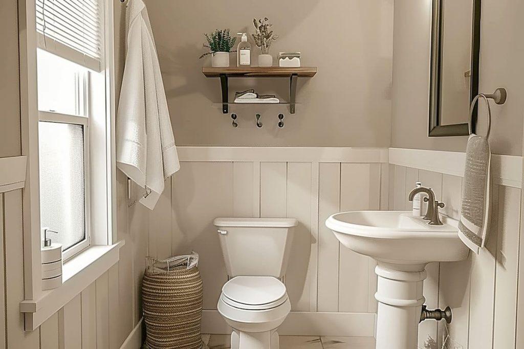 Use neutral color palettes to create a calming farmhouse bathroom atmosphere
