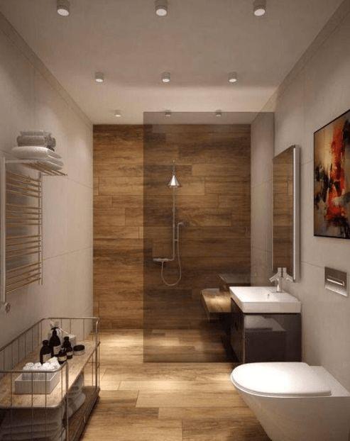 Choose rich mahogany or light pine for unique wooden bathroom aesthetics