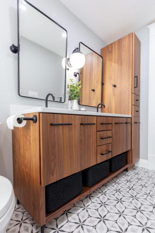 Custom wooden cabinetry can elevate the organization in your wooden bathroom retreat