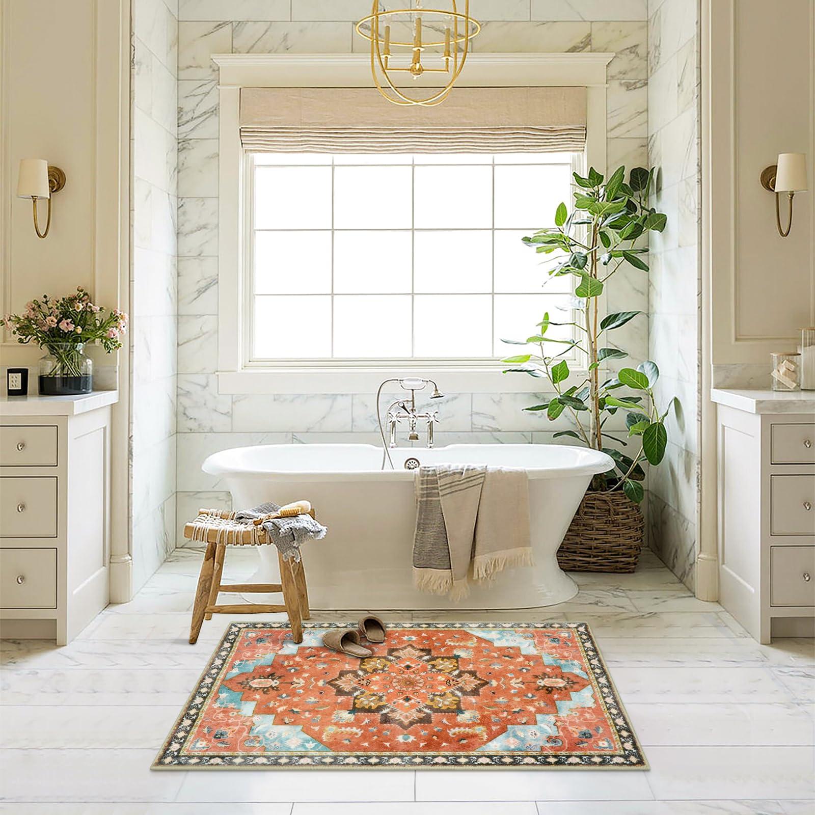 Install a cozy, vintage rug to enhance the warmth of your Farmhouse Bathroom