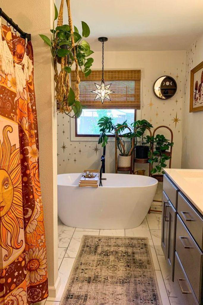 Utilize open windows for fresh air flow in your boho bathroom