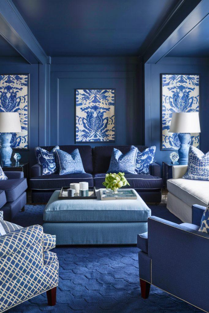 Pair navy cushions with white furniture in your blue living room