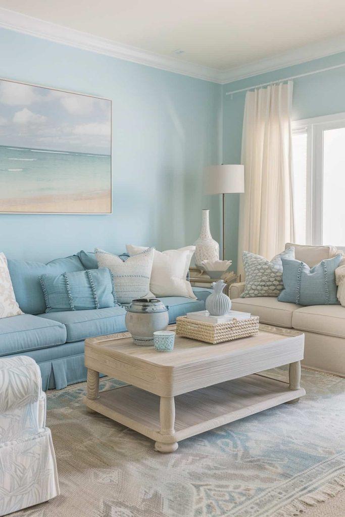 Integrate a soothing blue living room color palette for calmness
