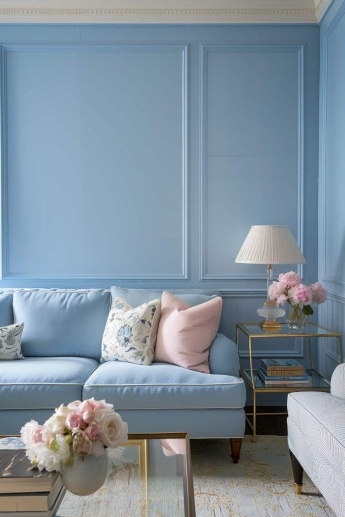 Add soft lighting options for a cozy blue living room ambiance