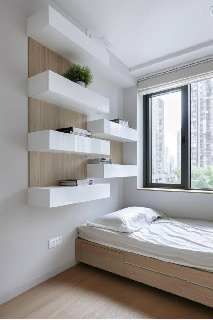 Organize belongings with stylish storage solutions in your minimalist bedroom