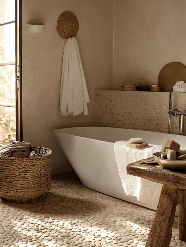 Use soft, earthy colors to enhance your boho bathroom tranquility