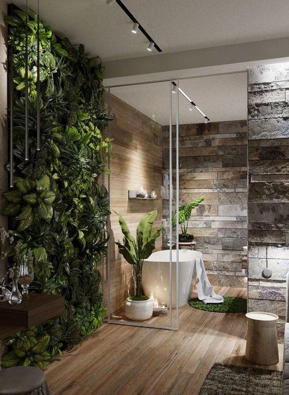 Integrate indoor plants into your wooden bathroom for a natural, vibrant look