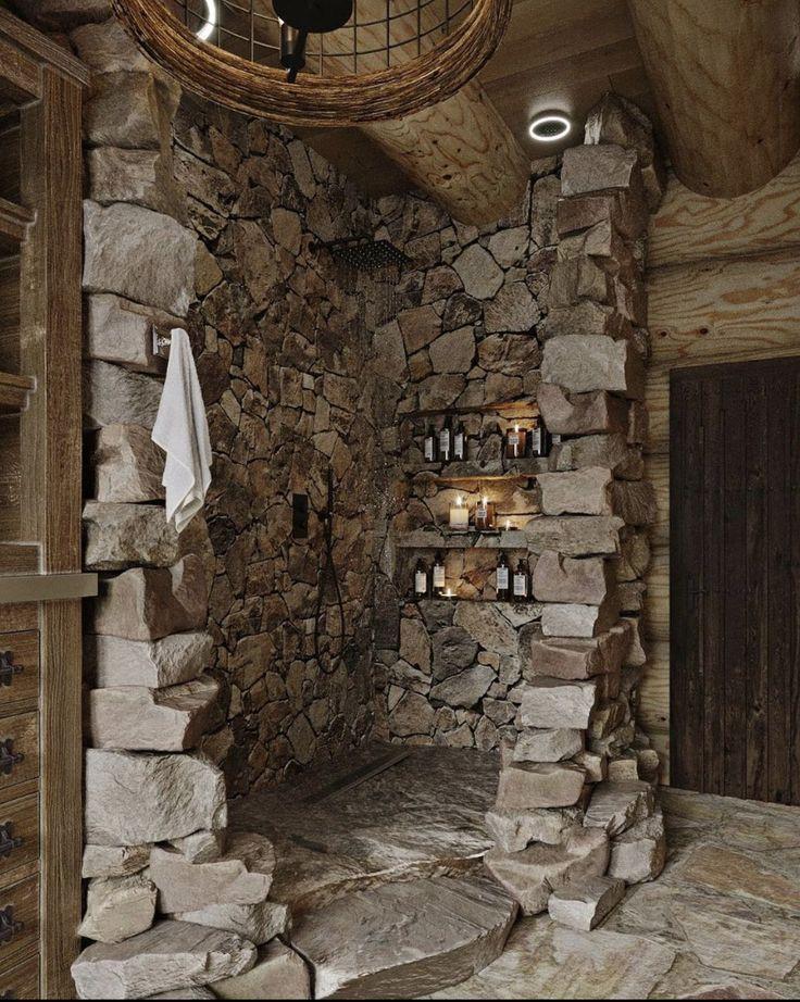 Natural stone elements enhance the earthy vibe of your farmhouse bathroom decor