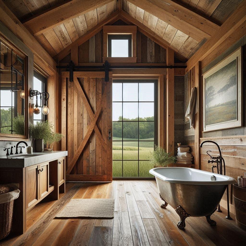 Consider barn doors to enhance your Farmhouse Bathrooms rustic appeal and save space