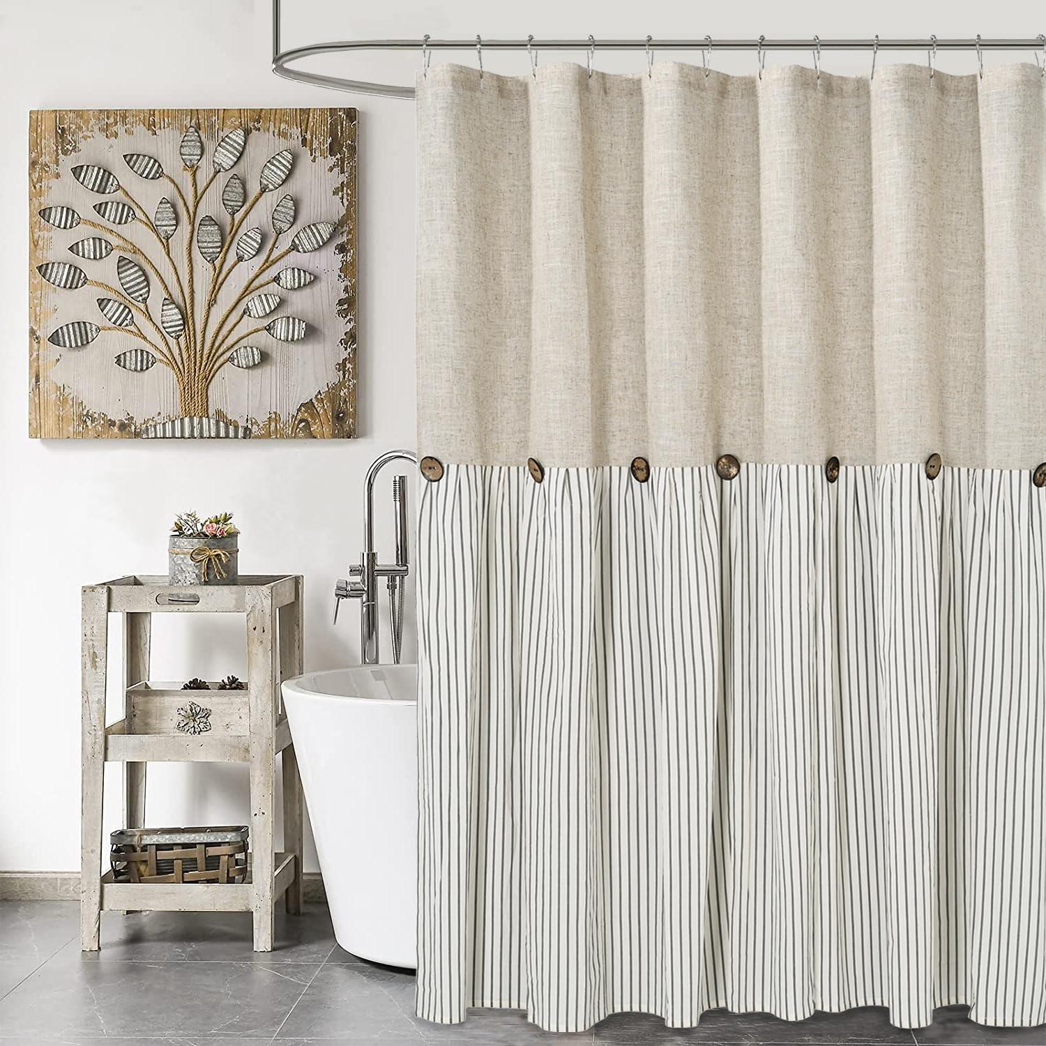 Choose a farmhouse-style shower curtain for a cohesive look in your Farmhouse Bathroom