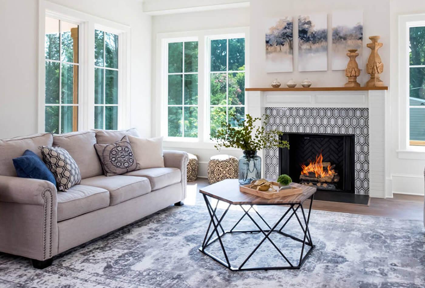 Consider a fireplace add-on for warmth in your contemporary living room