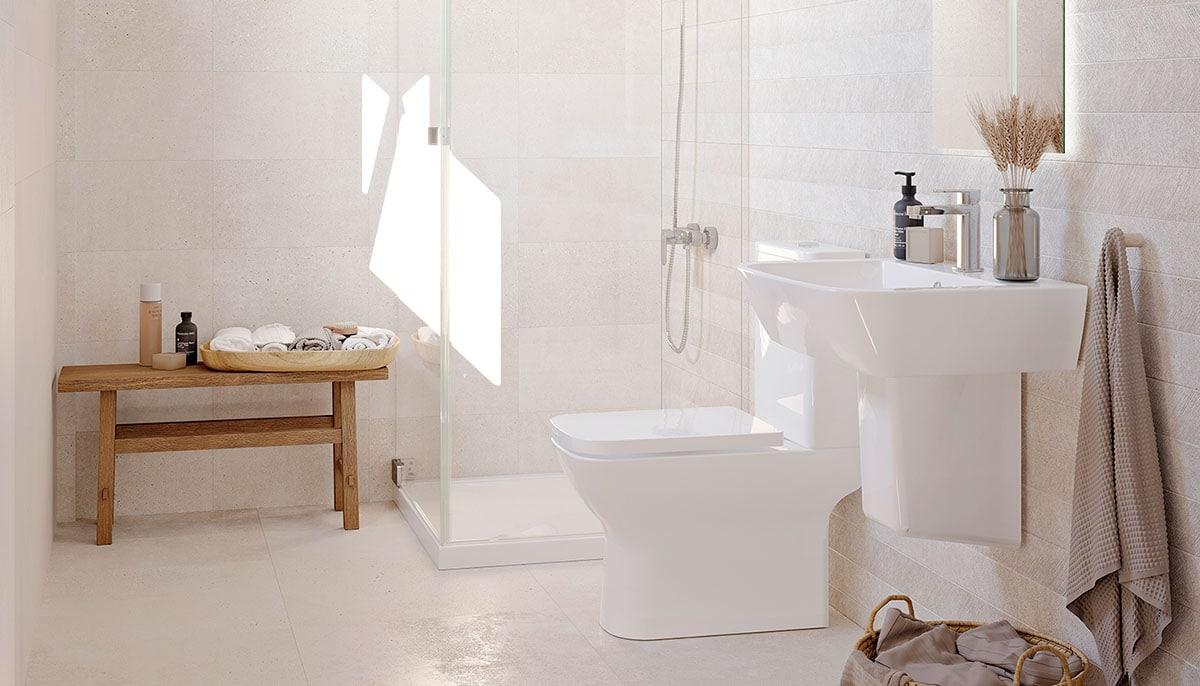 Soft pastel tiles create a serene floor for your pastel bathroom