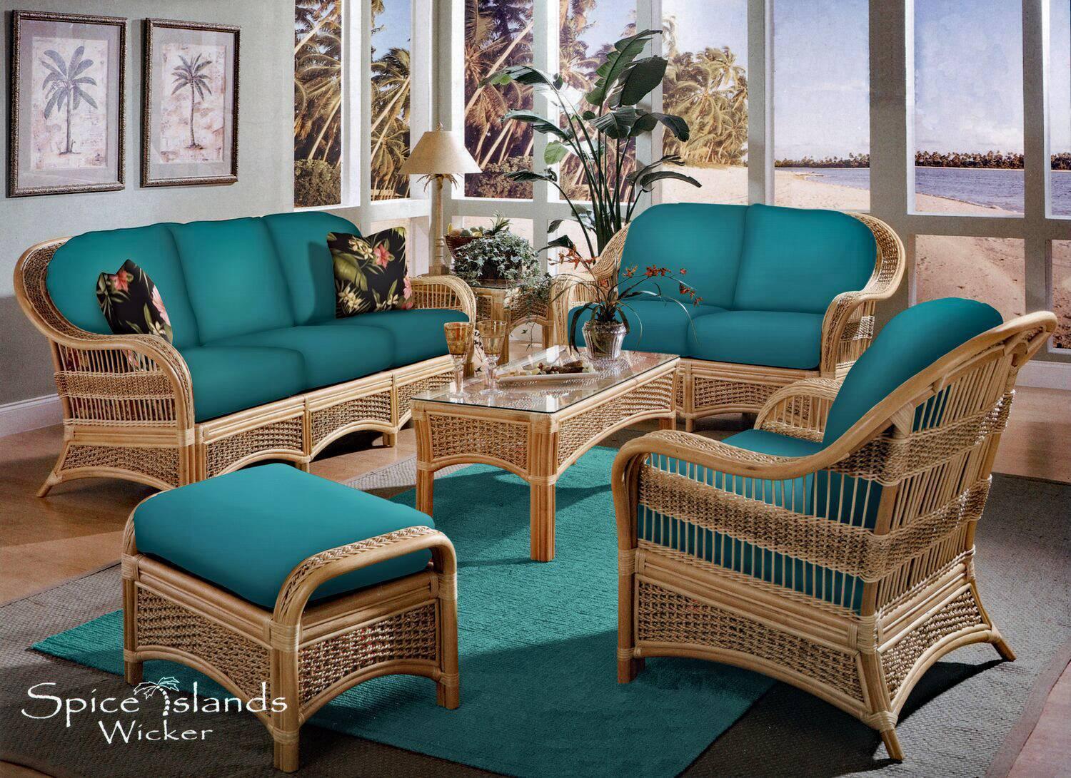 Incorporate rattan furniture to soften the blue living room vibe