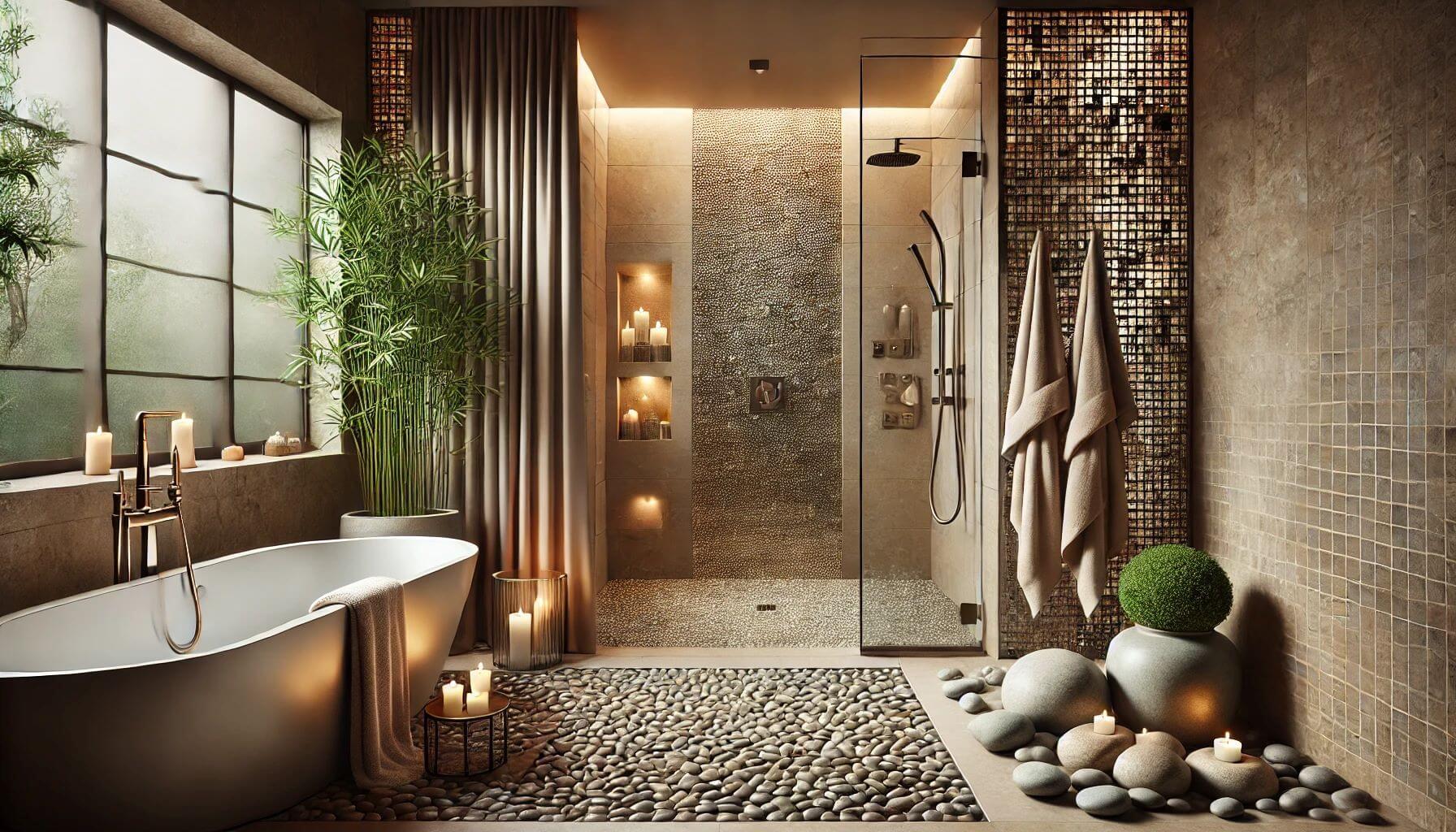 Create a spa-like atmosphere with soft lighting and wooden bathroom accents