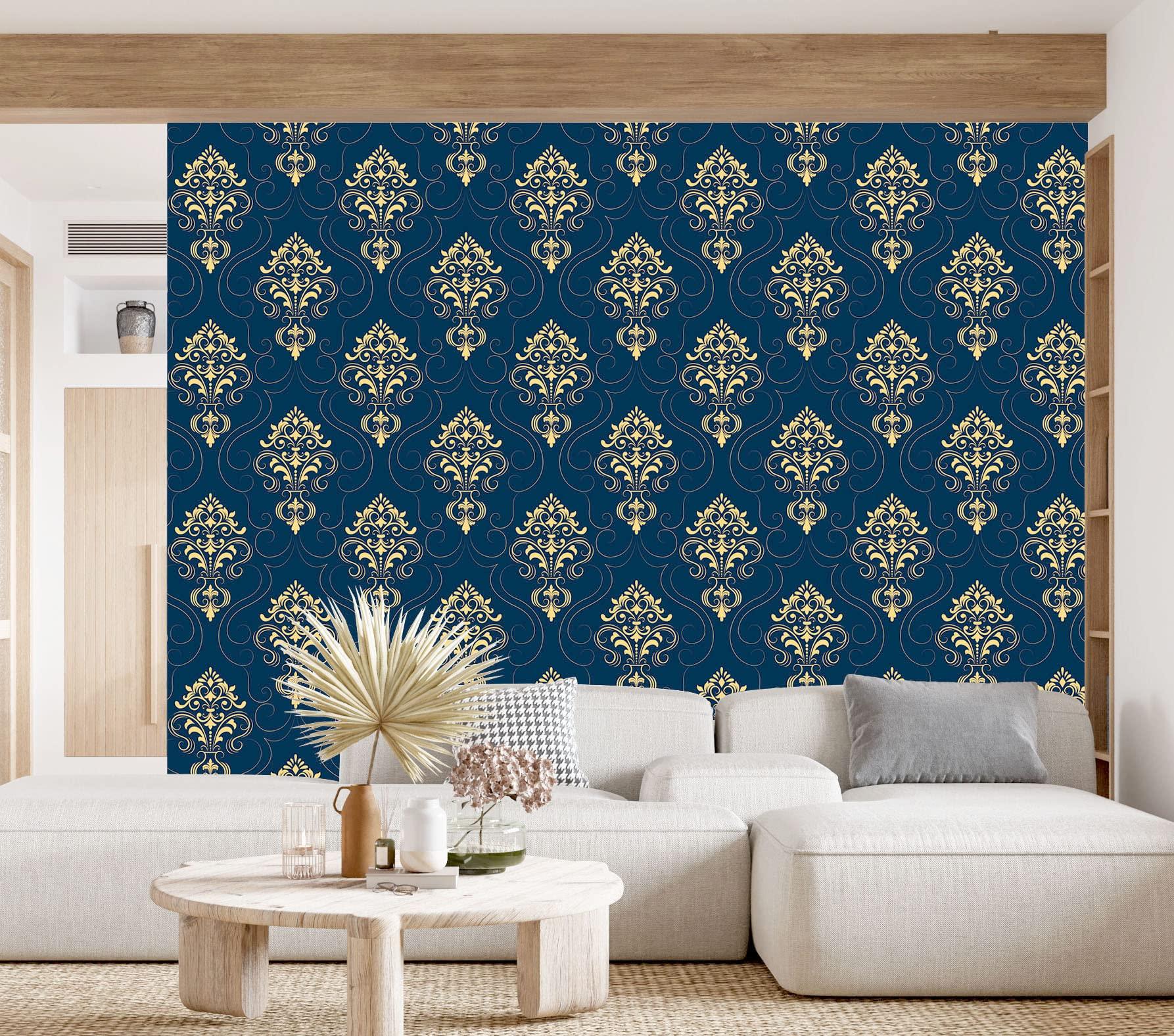 Utilize blue wallpaper for a bold backdrop in your living room
