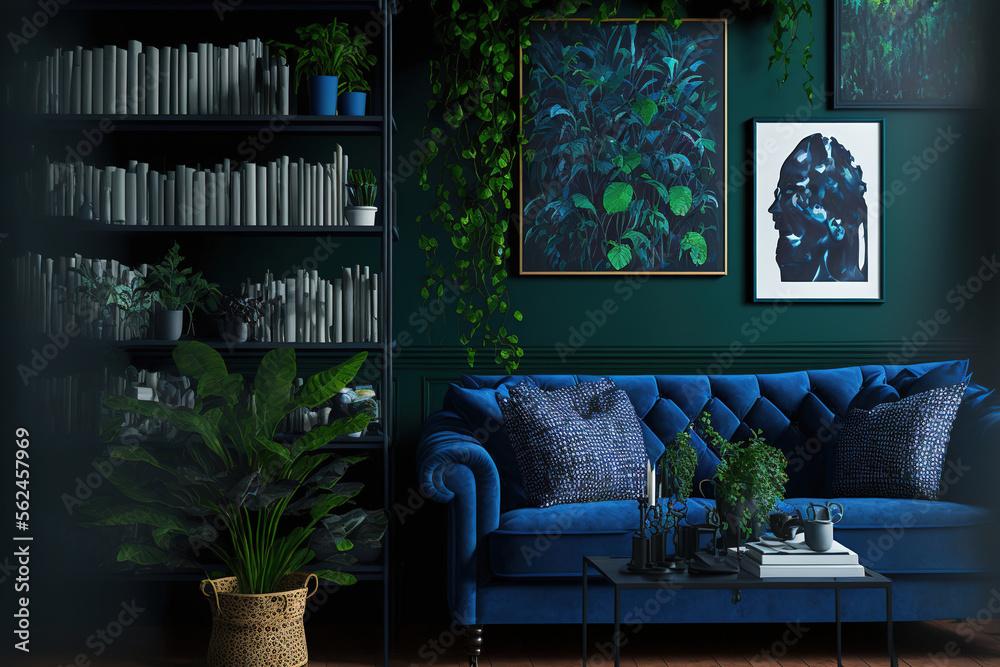 Incorporate indoor plants for a fresh, lively feel in blue living room