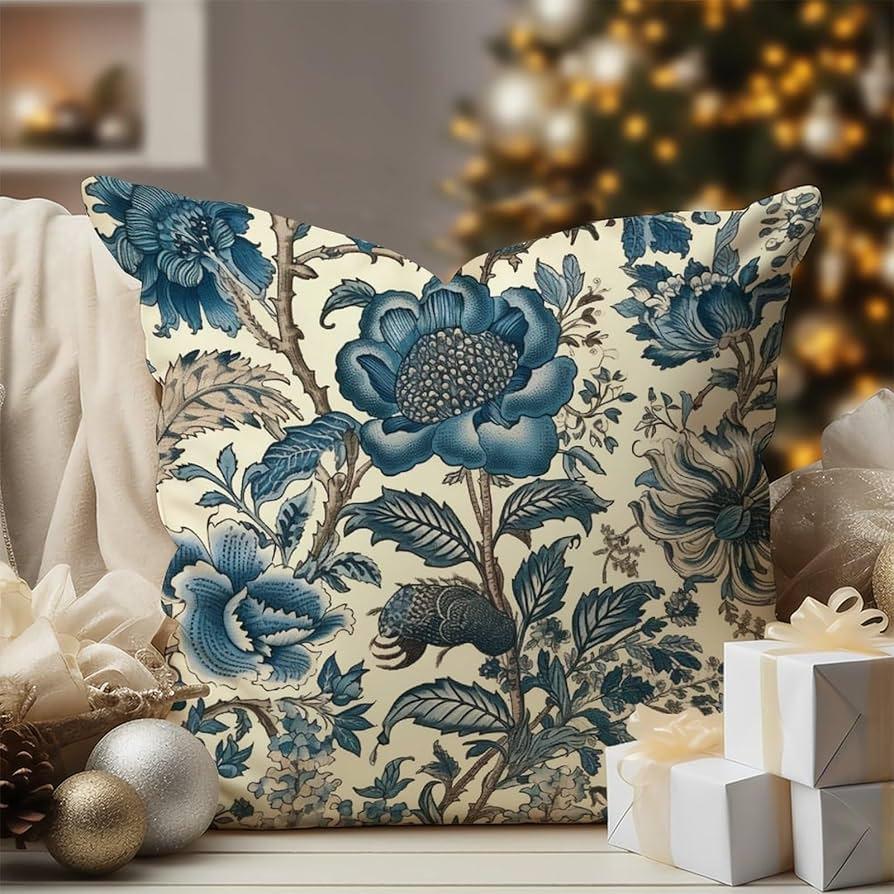 Incorporate patterned throw pillows to elevate your blue living room