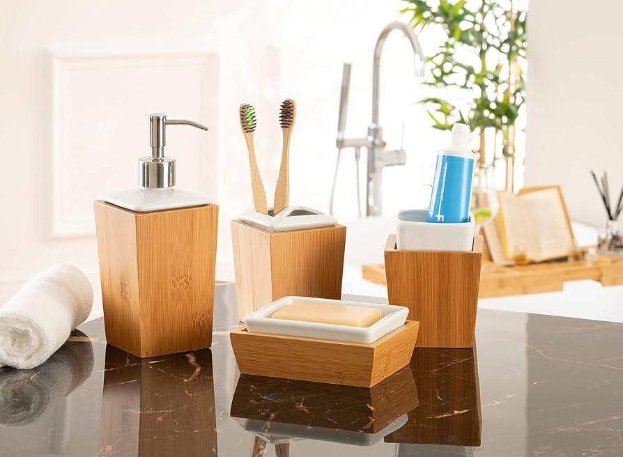 Use bamboo accessories for an eco-friendly accent in your wooden bathroom oasis