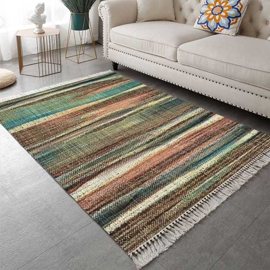 Incorporate woven textures through rugs and throws in your earthy living room design