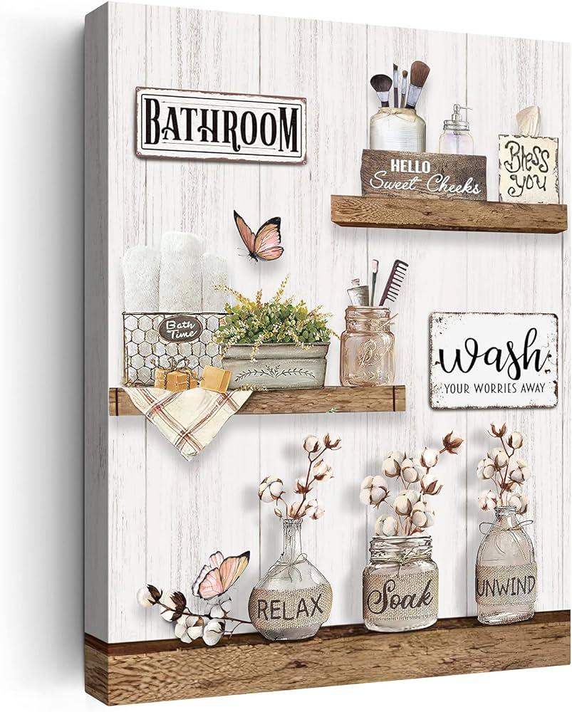 Hang rustic signs or artwork that reflect your personality in the Farmhouse Bathroom