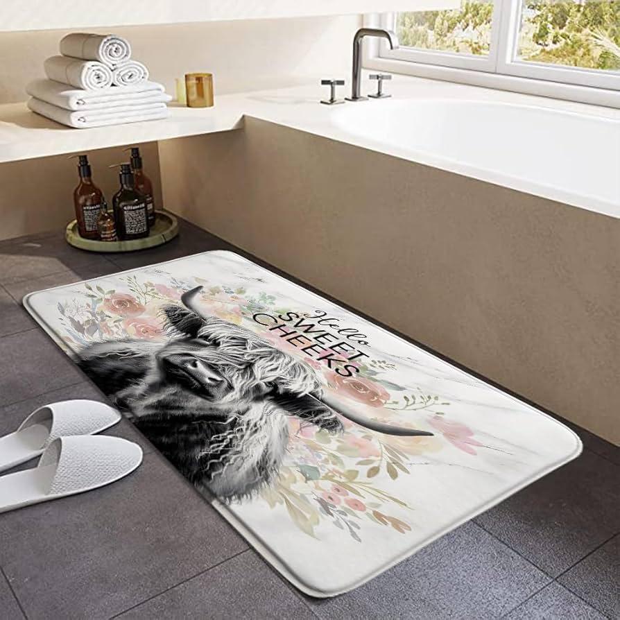 Utilize cheerful prints for bath mats that infuse personality into your Farmhouse Bathroom