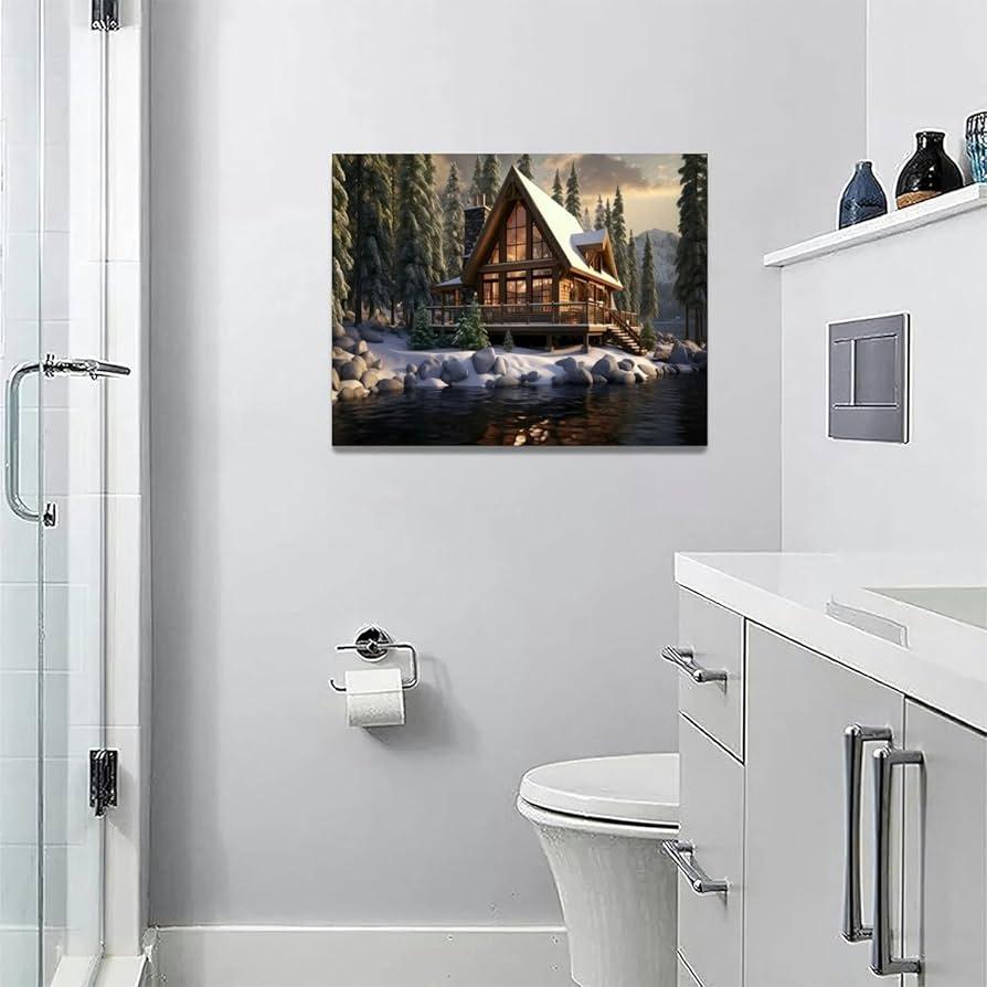 Artistic wall art personalizes your serene Chalet Bathroom