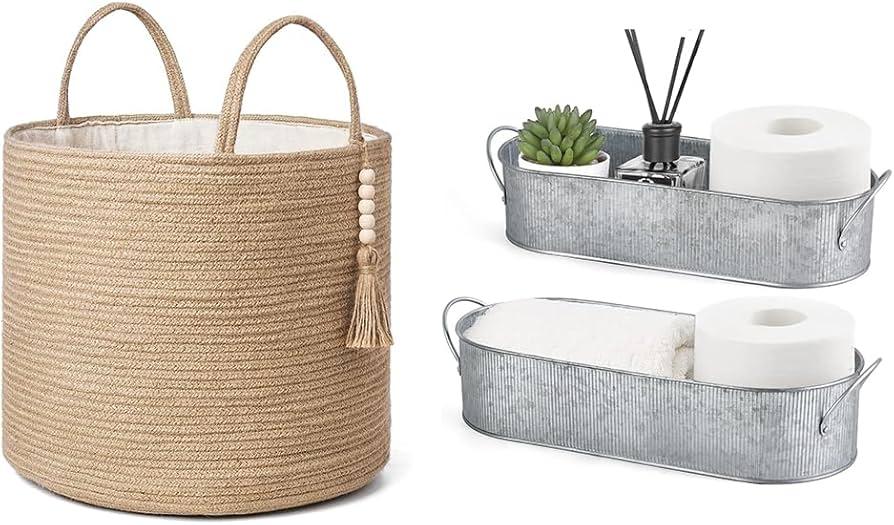 Woven baskets add organization and rustic charm to your farmhouse bathroom