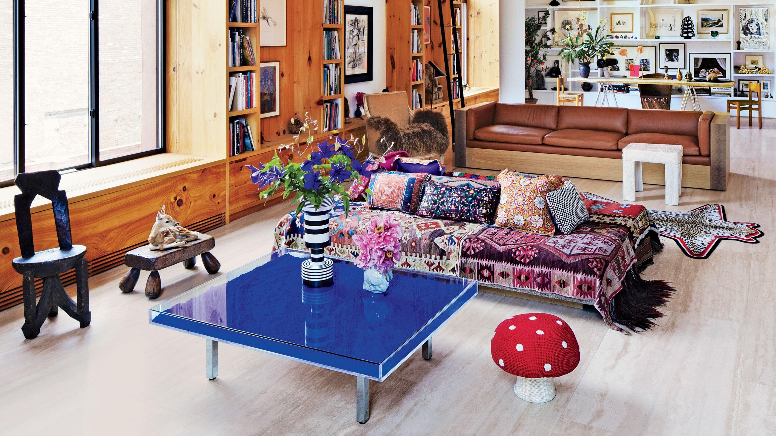Incorporate a blue coffee table for functional elegance in the living room