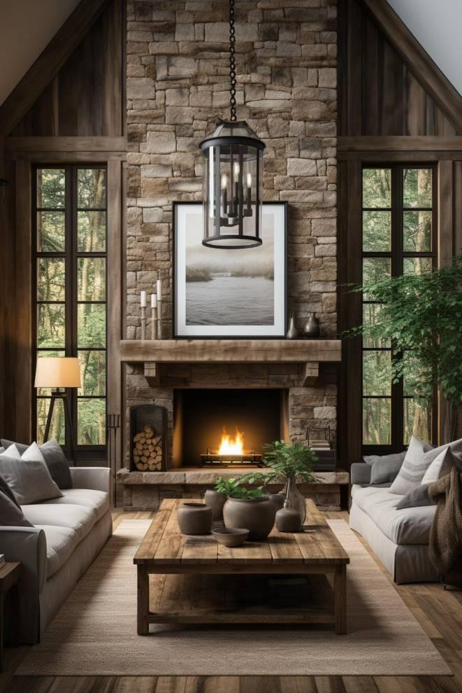 Incorporate a stone fireplace to add a stunning focal point in your earthy living room
