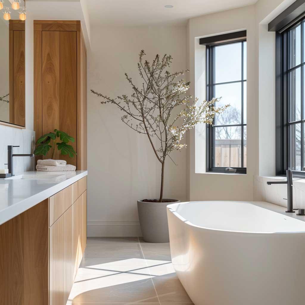 Utilize soft lighting to create a calming ambiance in your wooden bathroom space