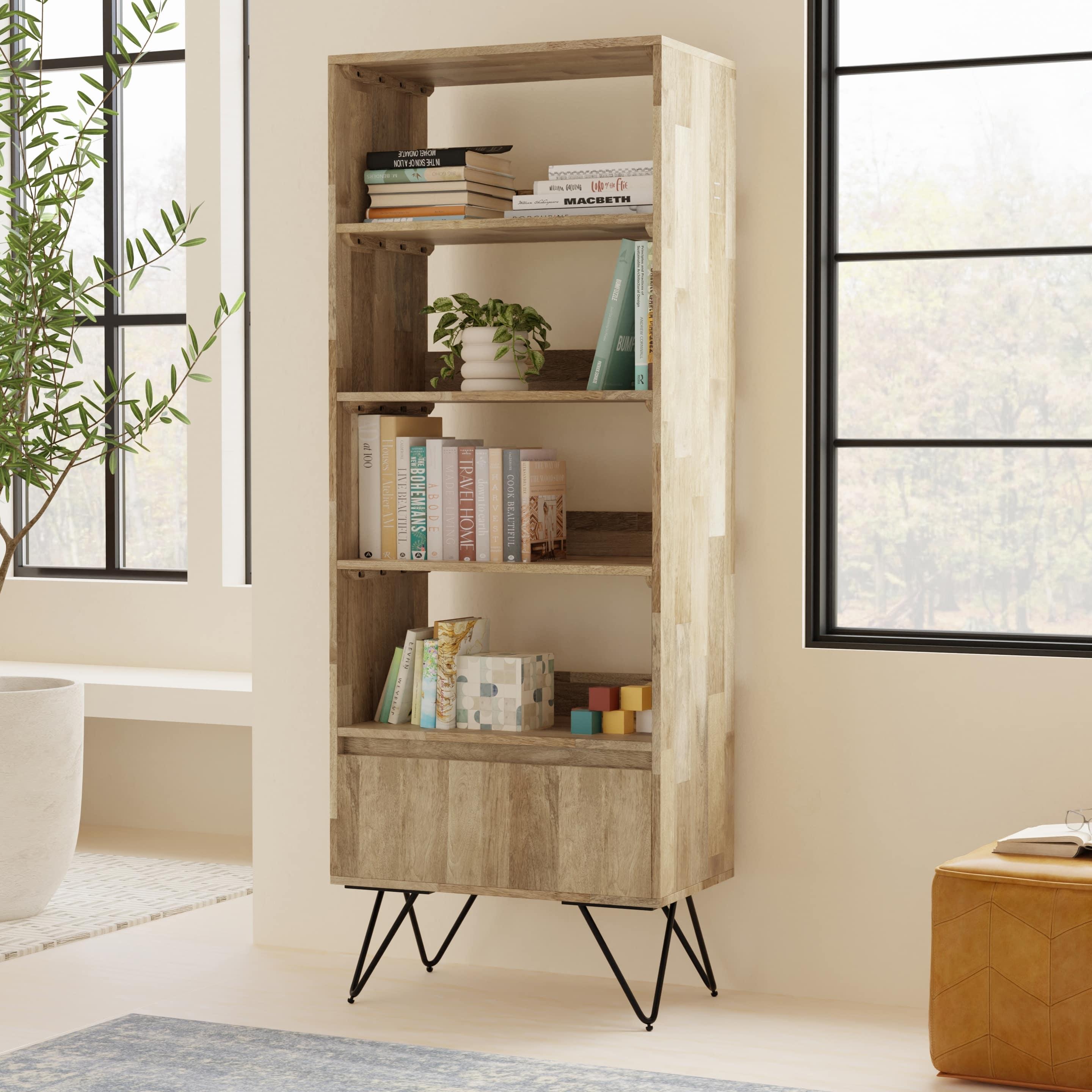 Create a reading nook with a natural wood bookshelf in your earthy living room