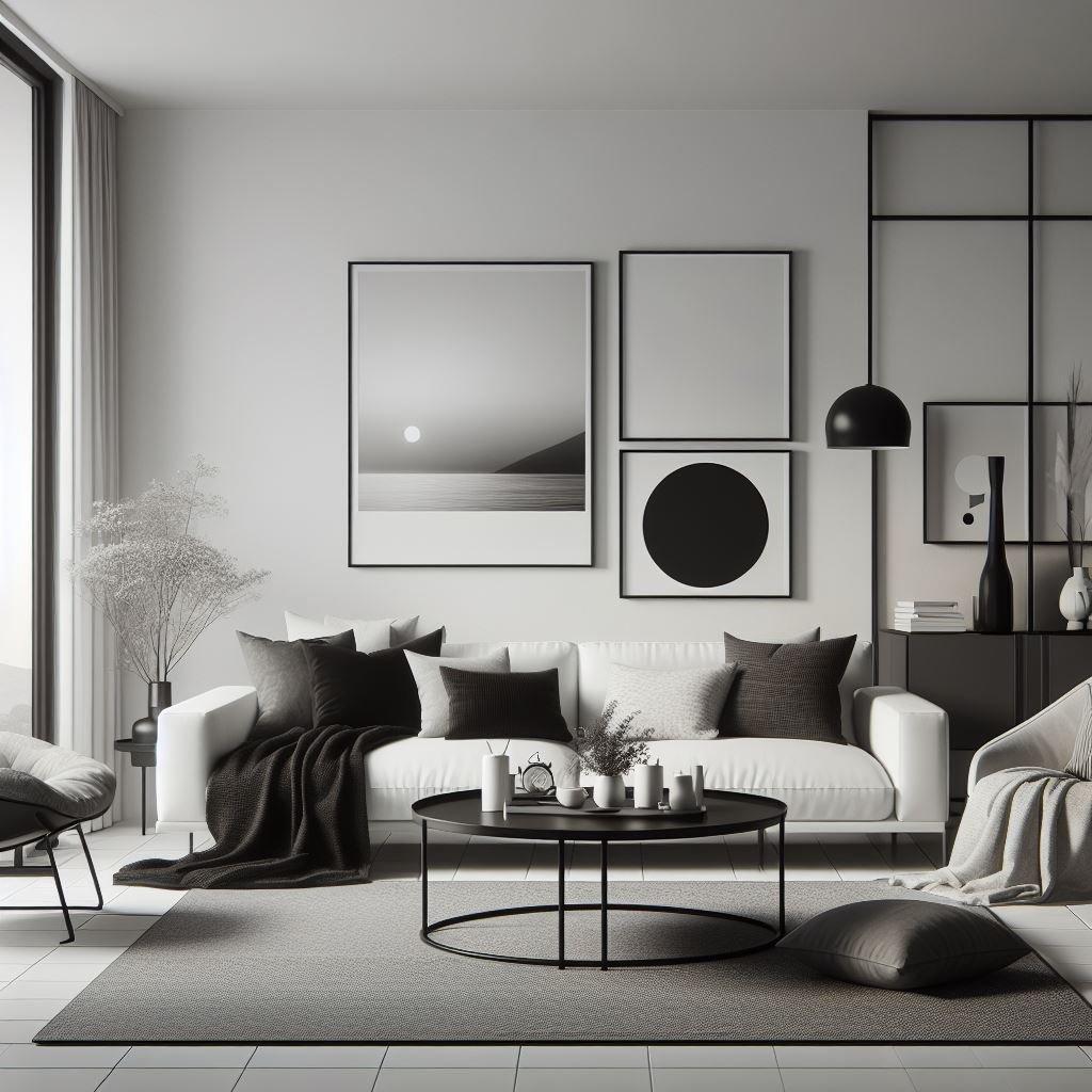 Monochrome Magic Living Room: Black and white decor offers a striking visual contrast