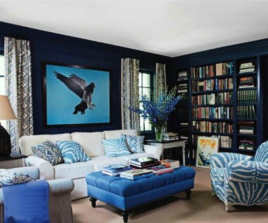 Combine various shades of blue for visual interest in your living room