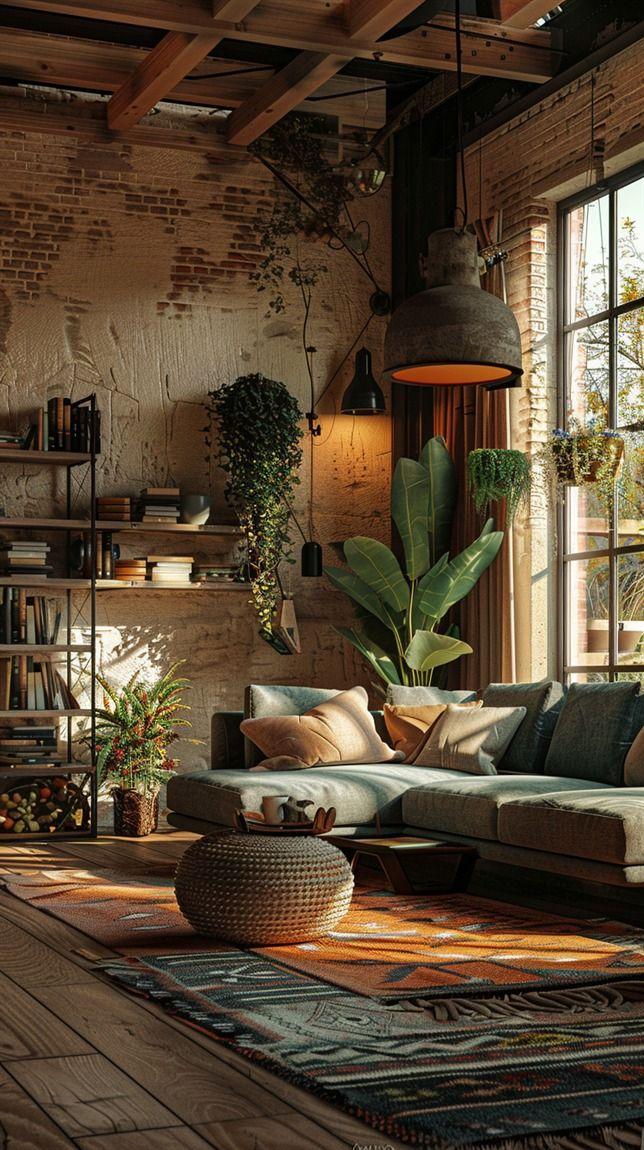 Use large potted plants to bring life into your earthy living room space