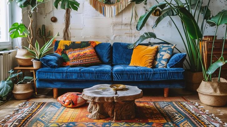 Select a cozy blue sofa as the rooms centerpiece