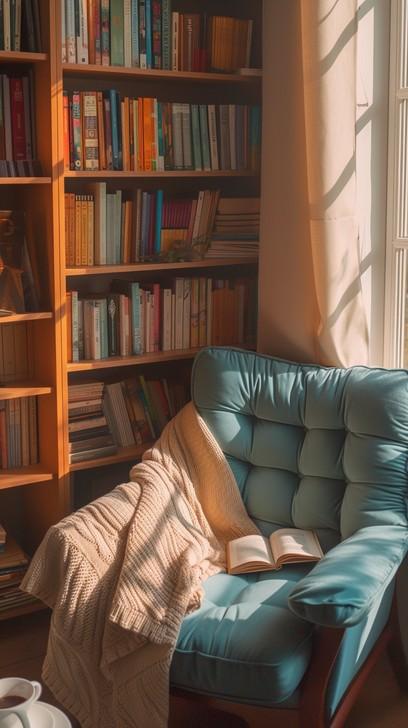 Create a cozy reading nook with blue accents and a chair