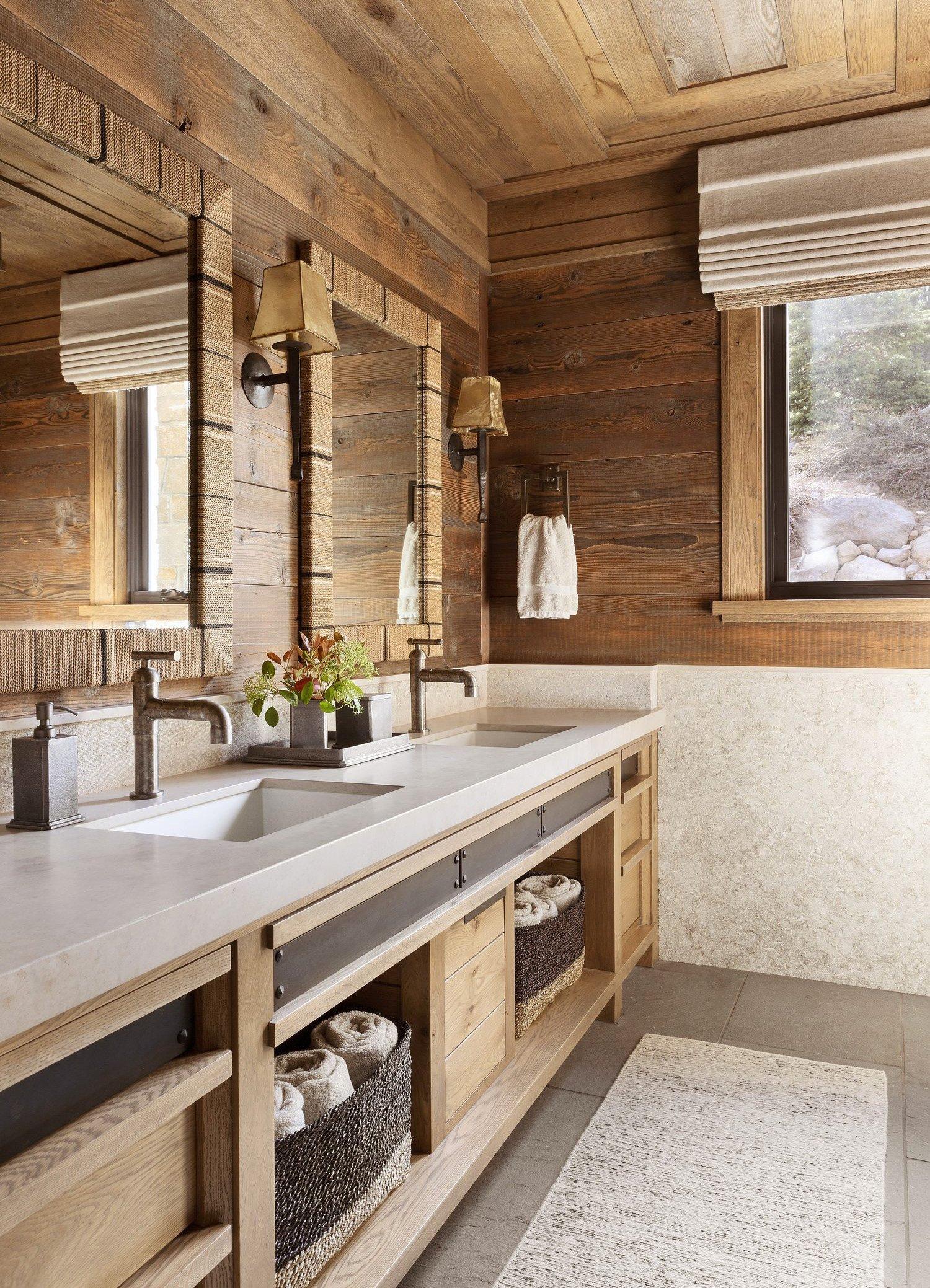 Open shelving displays rustic decor in Chalet Bathrooms