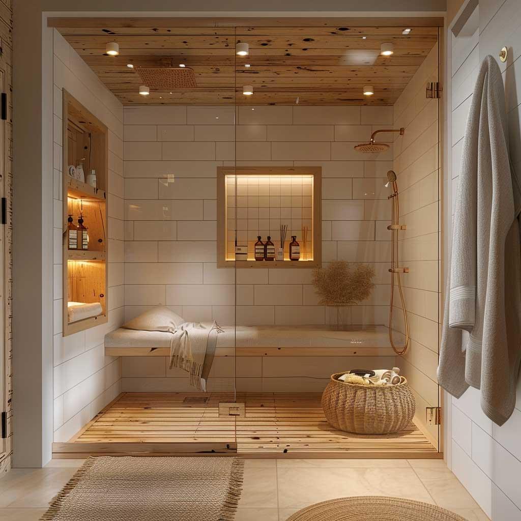 Illuminate with warm-toned lighting to emphasize the cozy feel of your wooden bathroom