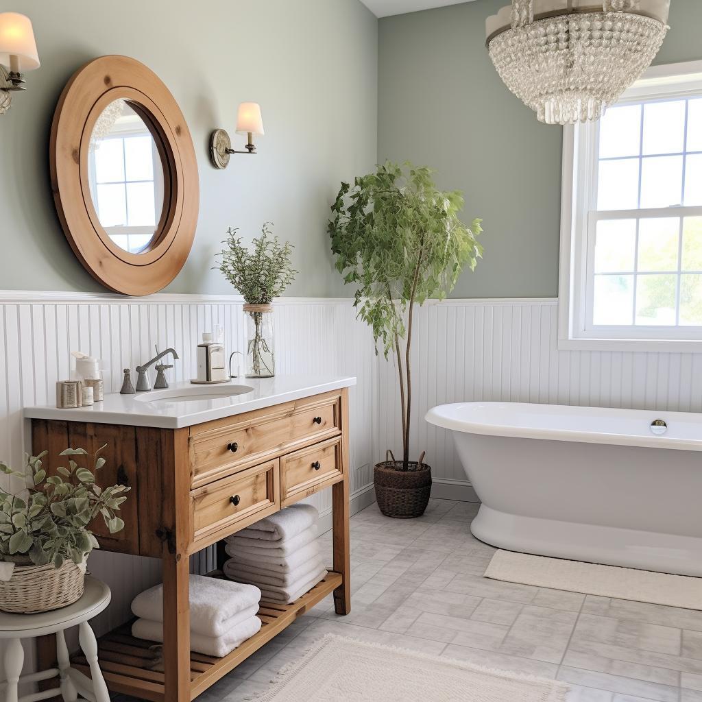 A freestanding bathtub turns your Farmhouse Bathroom into a luxurious retreat