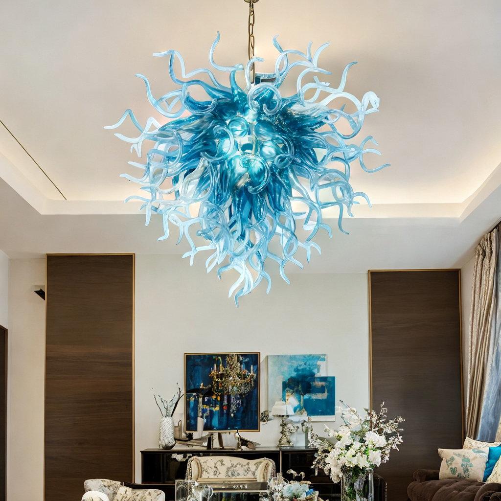 Incorporate a statement chandelier to illuminate your blue living room