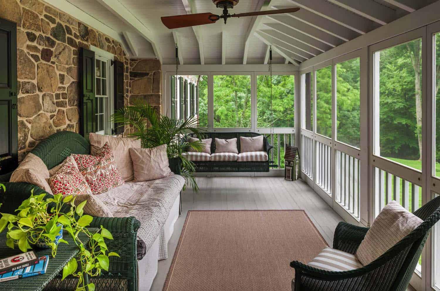 Create a cozy dining area on your screened porch for meals outdoors