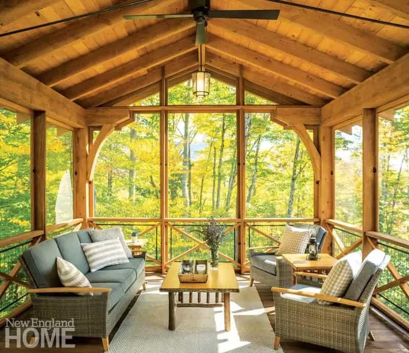 Use natural wood elements to enhance your screened porchs aesthetic