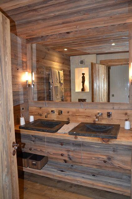 Rustic shelving displays your favorite items in the Chalet Bathroom